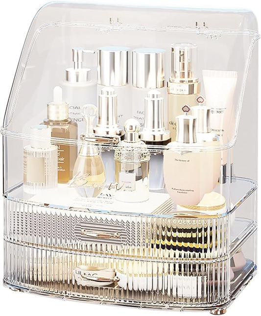 Makeup Organizer Countertop Vanity with Transparent Lid Drawers Waterproof Dustproof Cosmetic Skincare Bathroom Storage Gift for Women Teens Girls (Clear Whtie)