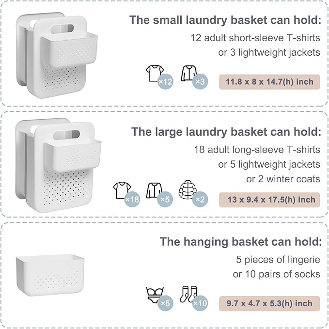 Goderewild Small Collapsible Laundry Basket, Space-Saving Wall-Mounted Hamper with Detachable Mini-Basket, Portable Hanging Organizer for Clothes, Underwear Socks. (White)