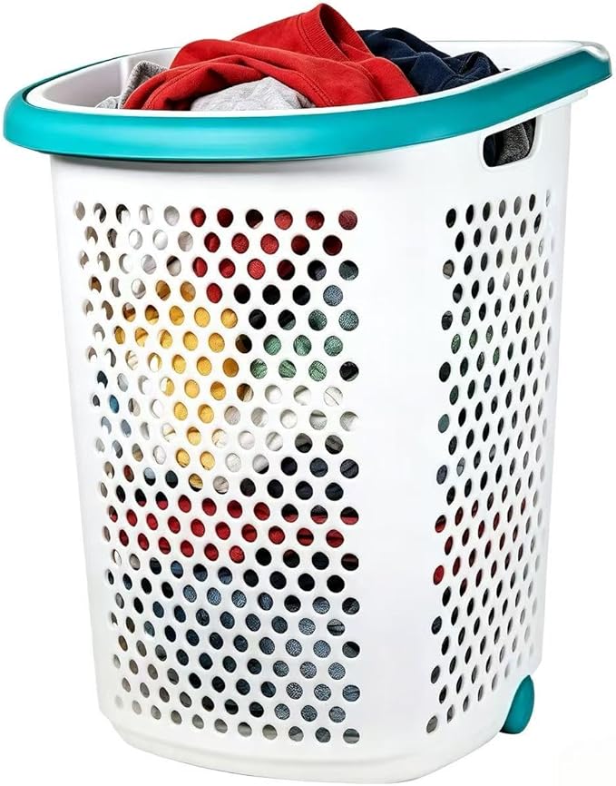 Heavy-Duty Plastic Wheeled Rolling Laundry Basket with Pop-Up Wide Handle, Ventilated Design, Easy to Clean, Spacious 70.52 Liters (2 Bushel), Large Capacity for Families, Dormitories, Laundry Rooms