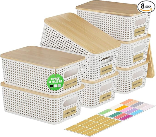 8 Pack Plastic Storage Bins with Bamboo Lids - Stackable Storage Baskets with Lids for Pantry Organizer and Storage, Small Plastic Stackable Storage Bins for Shelves, Office, Cabinet &Pantry,Nursery