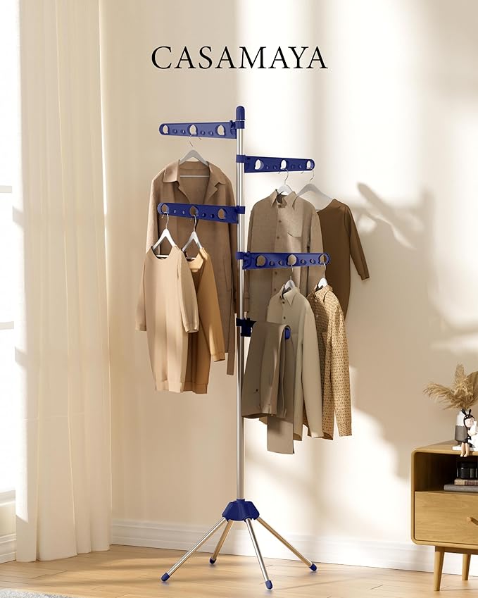 CASAMAYA Clothes Drying Rack Foldable, 70.9 inch Tripod Drying Rack for 35 Pieces of Clothes, with Height-Adjustable Rotatable Clothes Rails, Space Saving, Stainless Steel, Blue and Silver CDR005Q01