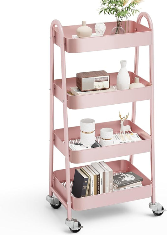 OLIXIS Metal 4 Tiers Utility Rolling Cart, Mobile Storage Shelf with Lockable Caster Wheels, Organization for Livingroom, Bathroom & Narrow Places, 4-Tier Pink