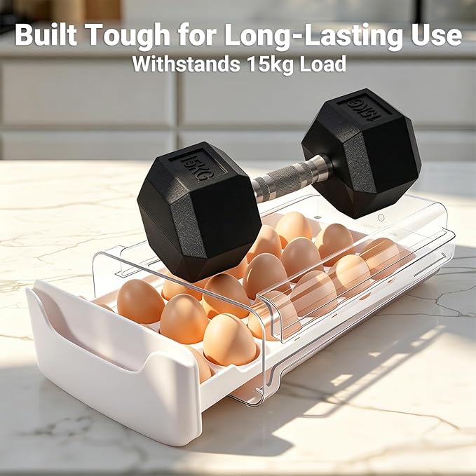 Egg-Holder for Fridge, 18-Count Egg-Storage for Refrigerator Countertop, 1 Tier Dispenser with Drawer, Stackable Clear Egg Tray Container, Egg Organizer, Fits Large Eggs, White