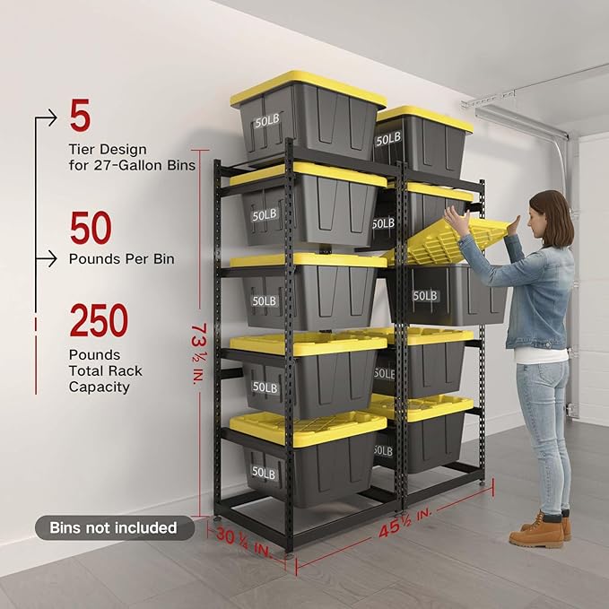 FERO 27 Gallon Tote Storage Rack, Heavy-Duty Storage Bin Rack Organizer, 5-Tier Standing Storage Bin Shelves, 250 lb Capacity, Maximize Space for Garage, Warehouse, Utility(Totes Not Included)