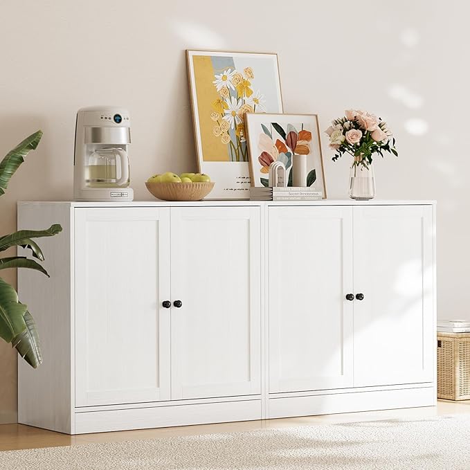 TUSY 71" TV Stand Storage Set - 2 Tall Bookcases & 2 Side Cabinets, Media Console with Glass & Wood Doors, Entertainment Center with Drawers, Tall Media Console for Living Room (White, ACCA)