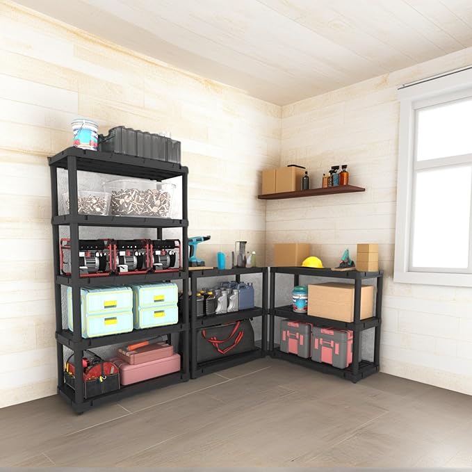 Plastic Storage Shelves, 4/5 Shelving Unit, Heavy Duty Storage Rack, 72.44''H, Plastic Shelf Rack, Adjustable Utility Shelf for Basement, Kitchen, Bathroom, Garage,PP, Waterproof