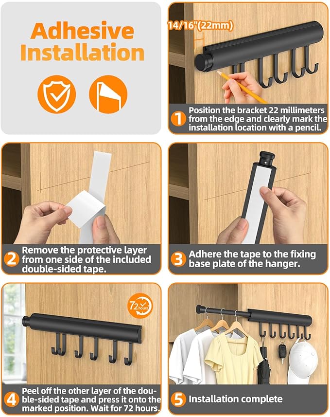 12 inch Valet Rod for Closets Pull Out, Closet Rods Extenders for Hanging Clothes Telescoping Adjustable With 6 Hooks (Black, 12 Inch-2 Pack)