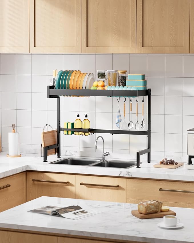 Sakugi Over The Sink Dish Drying Rack, Expandable 2-Tier Stainless Steel Kitchen Storage Organization Accessories for Countertop, Rustproof & Space-Saving, 30"–34.5" L x 12" W x 25" H, Black