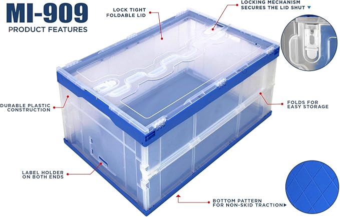 Mount-It! Collapsible Storage Bin with Attached Lid [65 Liter] Folding Crate, Durable Plastic Container, Trunk Storage, Box (23x15x13 Inches), Clear & Blue