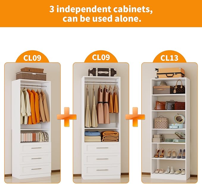 Closet System with 3 Sets, 6FT-15FT Closet Organizer Systems with 6 Wooden Drawers 8 Shelves & 4 Hanging Rods, Walk in Closet freestanding Corner Modular Closet Storage System White (6FT)