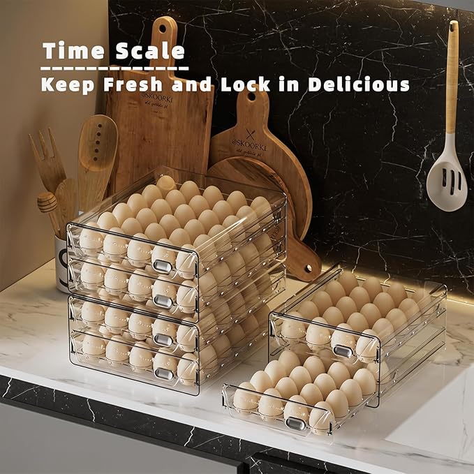 HIYOHIYO Clear 24 Egg Holder for Fridge, Large Egg Organizer for Refrigerator, Stackable Egg Storage Trays for Countertop, Eggs Drawer Dispenser with Time Scale (2 Layer, 7.9"x 6.3"x 5.5")