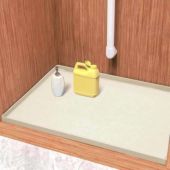 URMONA Waterproof Silicone Under Sink Mat 25'' x 19'' Shelf Liner for Kitchen and Bathroom, Cabinet and Counter Protector, Storage and Organizers, Litter Mat, Pet Cat Puppy Essentials(Cream)