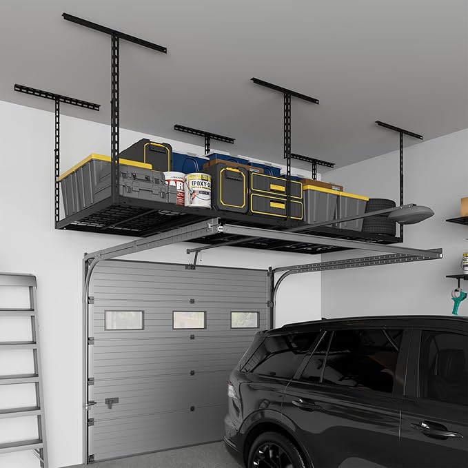 Jusgym 3X8FT Overhead Garage Storage Rack, 26"-40" Height Adjustable Garage Ceiling Storage Racks, Heavy Duty Metal Overhead Storage Organizer System, 750LBS Weight Capacity