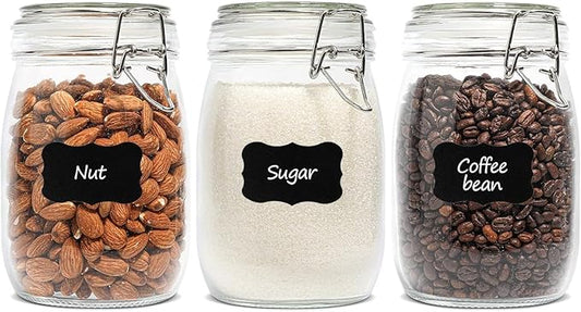 ComSaf 3-Pack 34oz Round Glass Apothecary Jars, Farmhouse Decor for Kitchen Counter Display, Airtight Cookie & Candy Jar for Coffee & Food Storage
