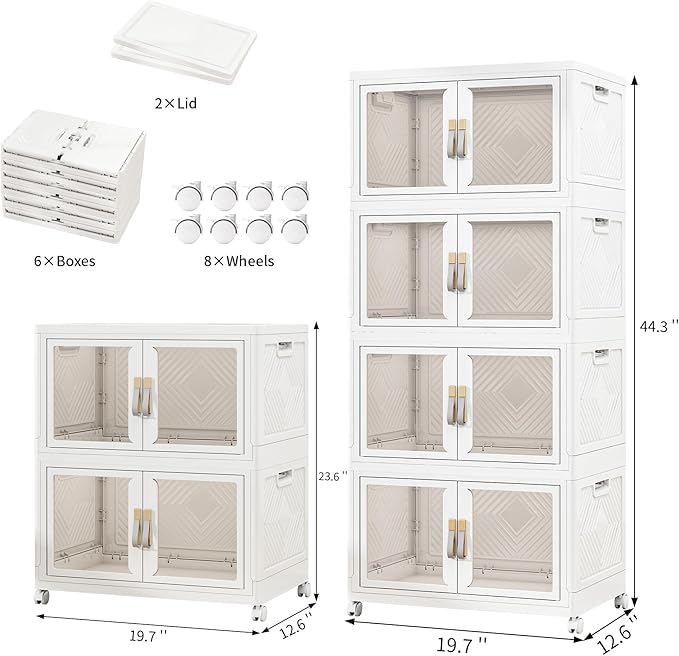 UAMFURI Stackable Storage Bins with Doors & Lids & Wheels, Foldable Collapsible Closet Organizers, Large Storage Cabinet for Bedroom Dorm (6, M)