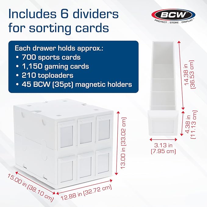 BCW 6 Drawer Card Catalog – White | Stackable Trading Card Organizer Box | Holds Sports Cards, Gaming Cards, Toploaders & Magnetics | Heavy-Duty Plastic Storage with Dividers