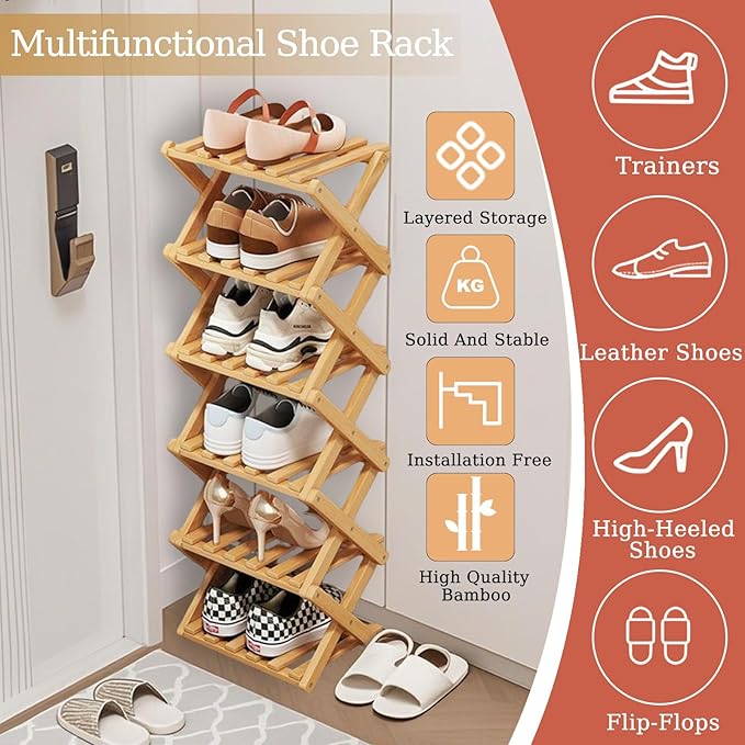 7 Tier Natural Bamboo Shoe Rack,Foldable Space Saving Shoe Storage Organizer,Easy Assembly & Strong Design Shoes Stand Shelf Organiser for Closet (Primary Color, Seven Layers)