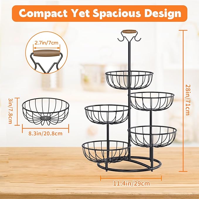 PouHenier.jh 5 Tier Fruit Basket Tower Stand with Banana Hanger for Kitchen Counter, Vegetable Tiered Shelf for Countertop, Tall Standing Produce Holder for Potato, Onion with Stable Base (Black)
