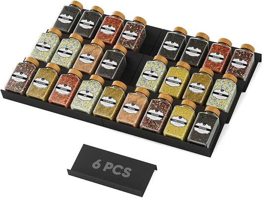 Artibear ABS Spice Drawer Organizer, Spice Rack Tray for Kitchen Cabinet, 6 Pieces Set-Expandable Seasoning Storage Rack From 8"-16" Insert for Drawer/Countertop (Jars Not Included)