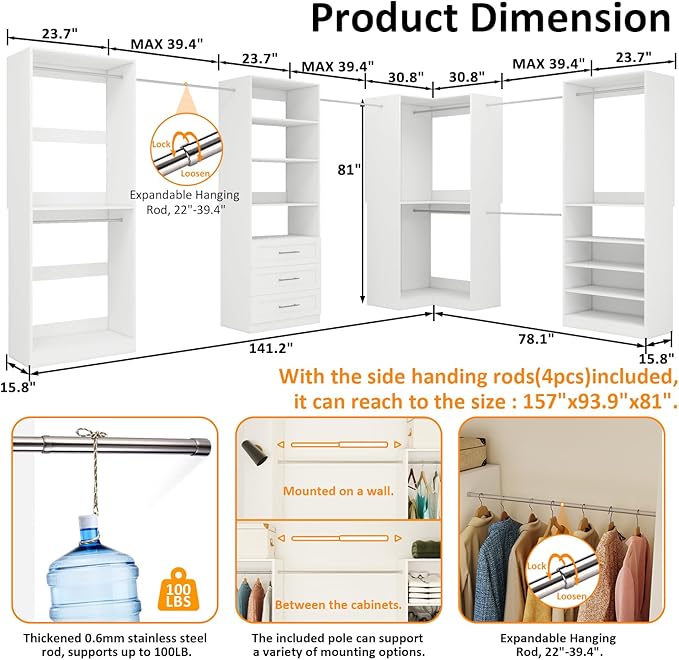 Closet Organizer System of 4 Sets with 3 Drawers, 9 Hanging Rods & 8 Shelves, 157" Walk in Closet System, Corner Closet Organizer, Modular Standalone Closet, White