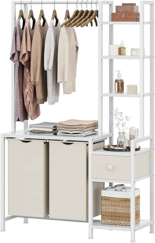 Creso hom Laundry Hamper with Shelf, 5 Tiers Tall Laundry Basket Sorter with 2 Pull-Out and Removable Bags, Clothes Rack with Laundry Sorter for Laundry Room Bathroom Bedroom, White