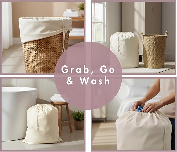 PurpleEssences Laundry Bag Durable Clothes Drawstring Bag Machine Washable Travel Laundry Organizer for Dorm, College, Hamper - Set of 2, 28 x 32 Inch, Laundry Liner Bag - Natural