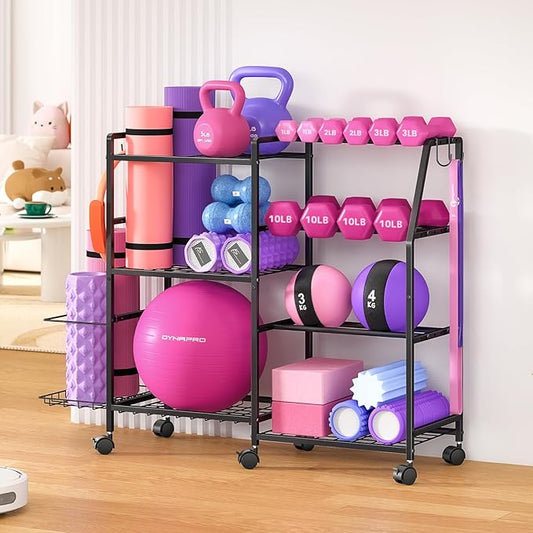 Dumbbell Rack, Weight Rack for Home Gym, Yoga Mat Storage Rack, Exercise Equipment Storage with Wheels and Hooks, Home Gym Equipment Organizer for Kettlebells
