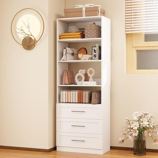 Closet Organizer System with Drawers, 2FT Wood Closet Shelving System Small Walk in Closet Freestanding Corner Closets Storage White (2FT)