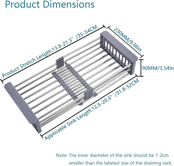 Over The Sink Dish Drying Rack, Stainless Steel Expandable Telescopic Drain Basket with Adjustable Arms - Functional Kitchen Sink Organizer for Dishes, Vegetables & Fruits (Large, Grey)