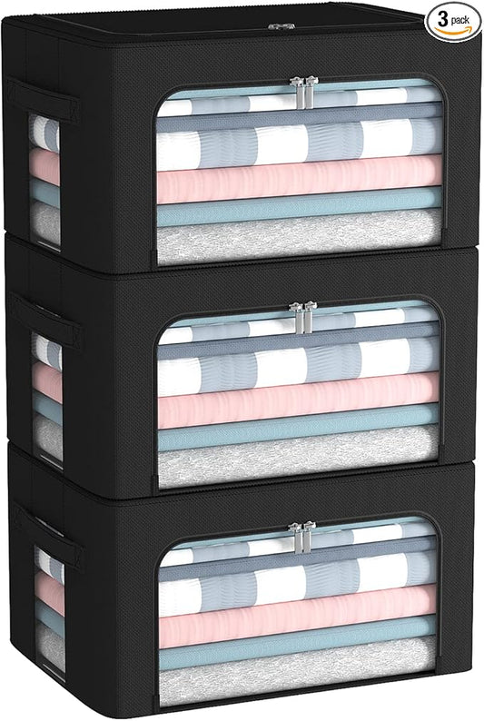 CYhom 3Pack Frame Storage Box - Clothes Storage Bin Bags Oxford Fabric Foldable Stackable Container Organizer Set with Clear Window & Carry Handles (Black, Small-22L)