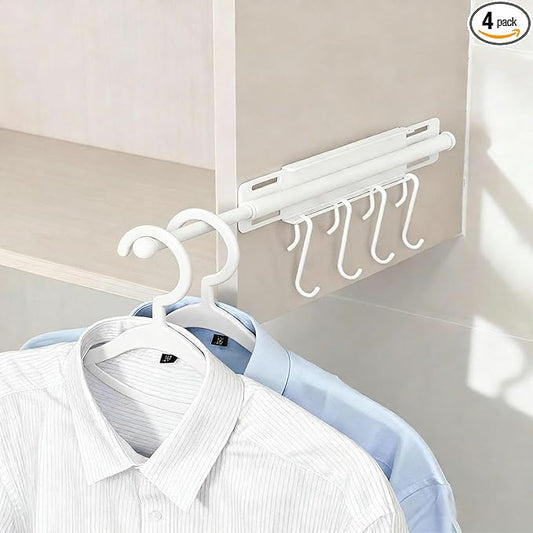 12" Valet Rod for Closet Pull Out, Retractable Slide Out Closet Valet Rod for Hanging Clothes, Closet Extender Hanging Rods With 4 Hooks (White)