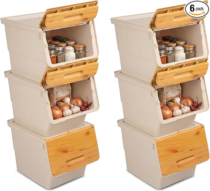 Giantex Plastic Stackable Storage Bins with Lids & Wheels, 6 Pack Open Front Stacking Bins, Organizer Bins for Pantry, Kitchen, Laundry, Closet, Playroom, Bedroom Organization （12.5 QT）