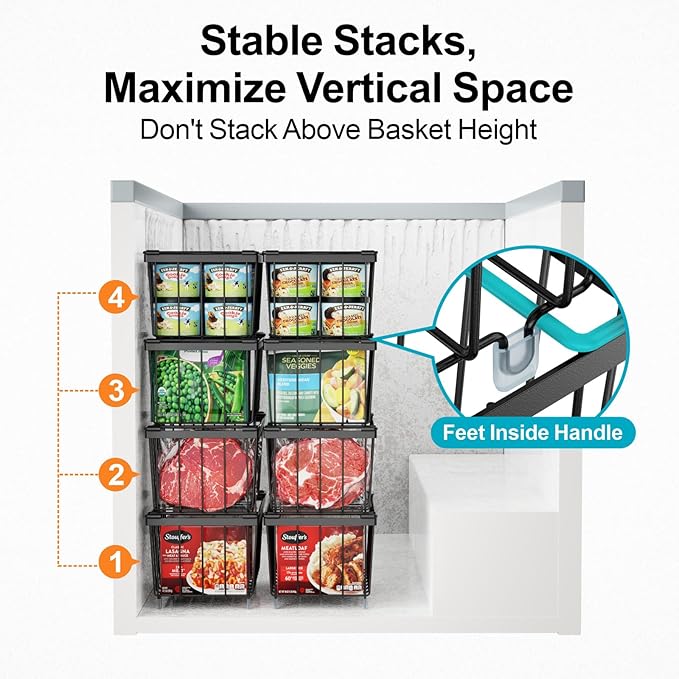 iSPECLE Chest Freezer Organizer Bins - Fits 7 Cu.Ft Deep Freezer, 6 Pack Stackable Wire Baskets(14.7" Length), Heavy Duty Coated Freezer Organizer, Rust Resistant for Frozen Food Sorting, Black