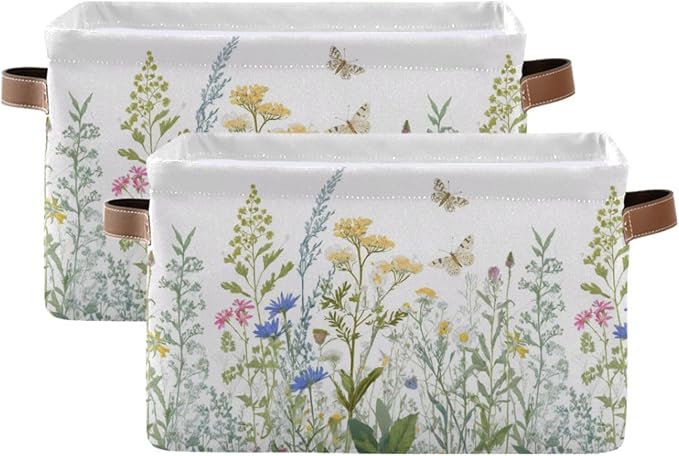 xigua Vintage Colorful Herbs Wild Flowers Floral Storage Basket Collapsible Toy Storage Bins Waterproof Canvas Storage Basket with Leather Handles for Home Closets Offices,Bedrooms,Kids Toy and Gift