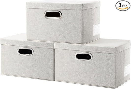 PRANDOM Storage Bins with Lids [3-Pack] Linen Fabric Foldable Storage Boxes Organizer Containers Baskets Cube with Cover for Bedroom Closet Office Beige（11.4X8.6X6.7