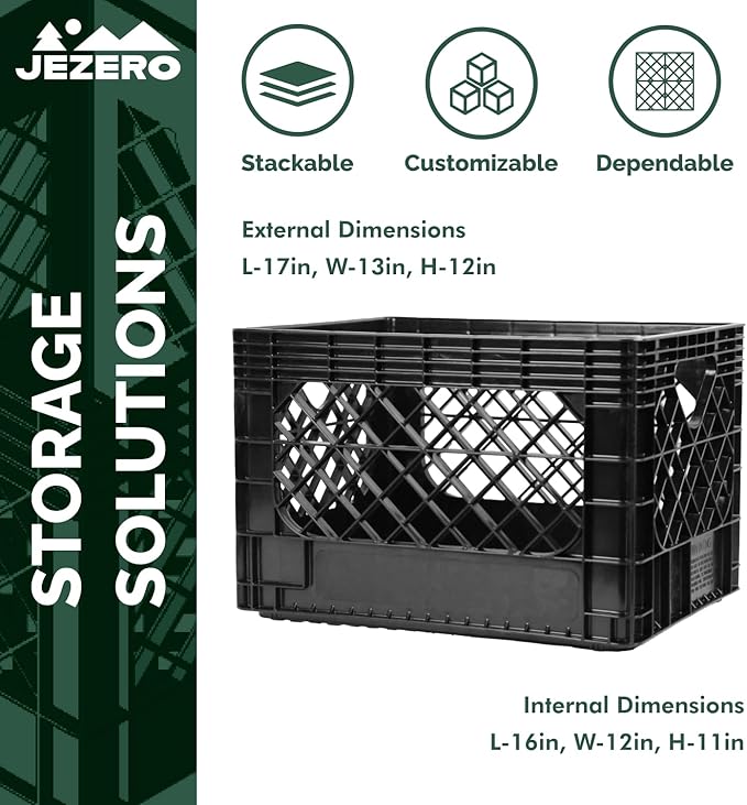 JEZERO 20 Quart 4-Pack Heavy Duty Plastic Crate | Stackable Multi-Purpose Storage Bin for Garage, Home, Office, Groceries, Outdoor, Camping & Kayaking | Black Utility Tote, 17" x 13" x 11"