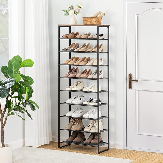 HOOBRO 10-Tier Shoe Rack for Entryway, 23.6" L Shoe Storage Organizer, Large Capacity Shoe Shelf for Closet, Front Door Entrance, Hallway, Holds 27-30 Pairs of Shoes, Rustic Brown and Black BF601XJ01
