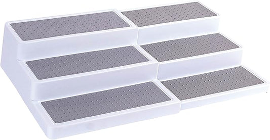 Oizeir 3–Tier Expandable Plastic Spice Rack - Adjustable Length, Stability with Non-Skid Shelf, Three Tiers for Easy Visibility, Organizer for Kitchen Cabinet, Pantry or Countertop, White/Grey