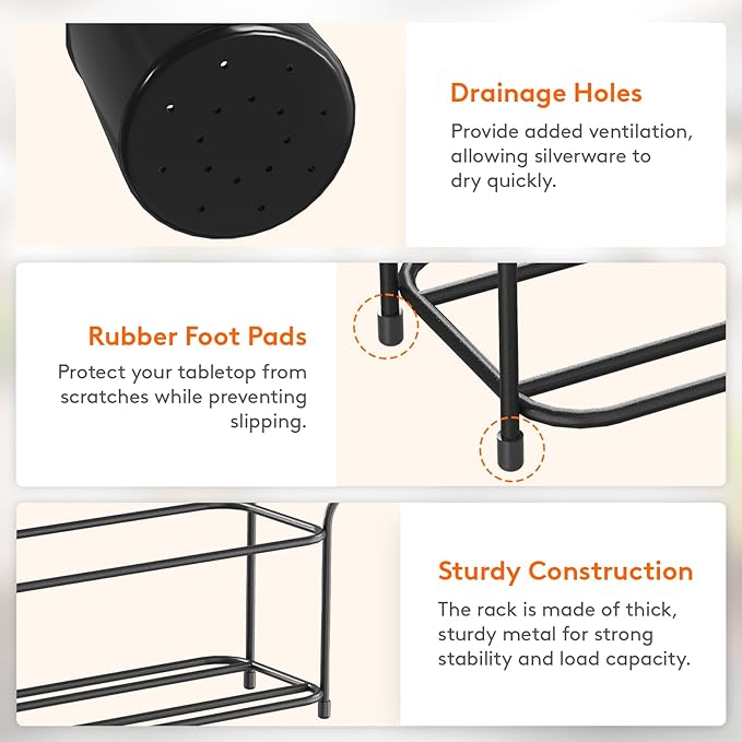 Lifewit Plastic Silverware Caddy with Metal Rack, Utensil Holder for Party, Cutlery Flatware Organizer for Kitchen Countertop, Forks Spoons Knives Storage for Picnic Camping Outdoor Buffet, Black