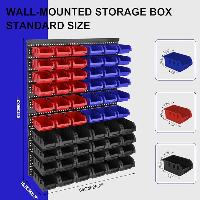 Wall Mounted Storage Bins, Nut and Bolt Organizer, Plastic Bolt Bin, Screw Organizer, Storage Bins for Garage (RED+BLUE+BLACK, LARGE(60PCS))
