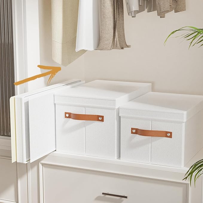 3 Pack Storage Boxes with Lids, Storage Baskets for Shelves, Decorative Linen Closet Organizers with Handles, White, 16.5 x 11.8 x 10.2 Inch
