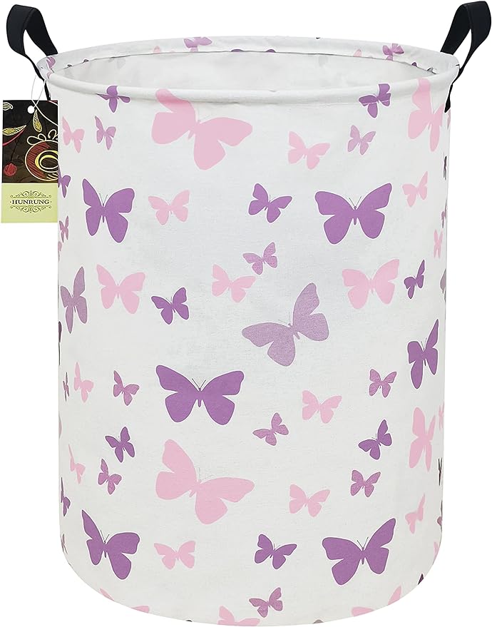 HUNRUNG Collapsible Fabric Storage Basket, Waterproof Laundry Hamper with Handles, Round Storage Bin for Clothes Toys, Foldable Organizer for Bedroom Nursery Bathroom(Round-Purple Butterfly)
