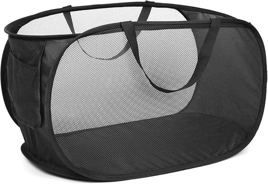 Durable Collapsible Laundry Baskets, Mesh Pop Up Laundry Hamper with Side Pocket, Foldable Clothes Storage Hamper with Reinforced Carry Handles for Laundry, Bathroom, Kids Room, Dorm or Travel Black