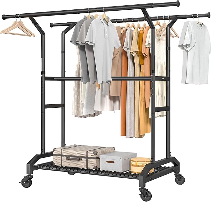 Wiracks Heavy Duty Clothes Rack Rolling Clothes Rack 3 Rods Clothing Rack 450lbs Capacity 51"-71" L X 19.7" D X 73-79" H Adjustable Rolling Garment Rack