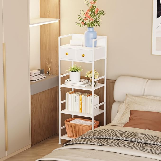Storage Tower with USB Outlet & LED Lights, 2 Fabric Drawers and 4 Shelves, Narrow Closet Organizer for Bedroom, Bathroom, Entryway, White