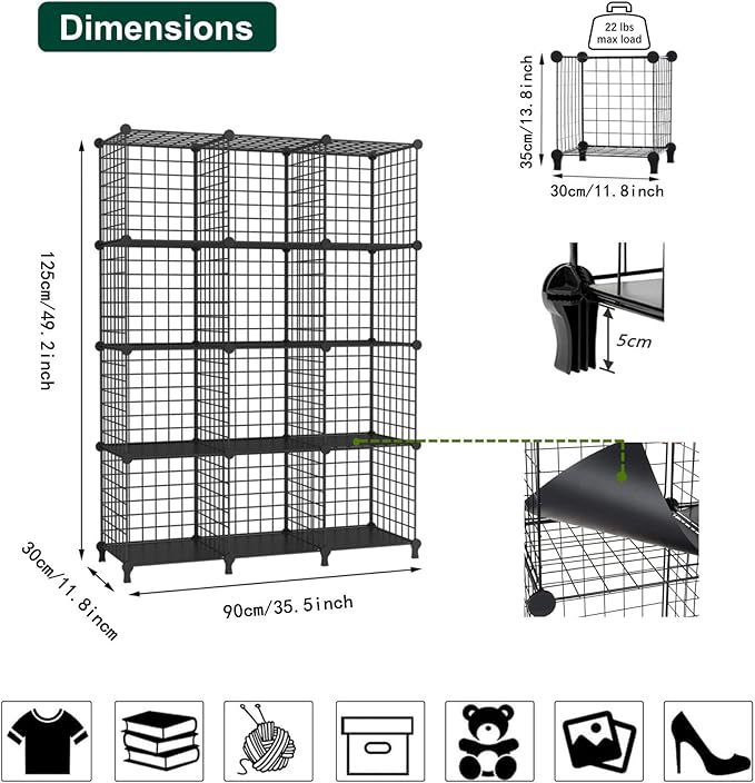 AWTATOS Wire Cube Storage Organizer, Closet Organizers and Storage, Metal 12 Cube Storage Shelves Bookshelf, Portable Closet Clothes Organizer for Bedroom, Home, Office, Black