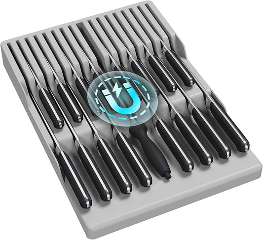 Lifewit Magnetic Drawer Knife Organizers Insert, Kitchen Plastic In Drawer Knife Block Slots, Steak Chefs Knives Holder Storage for 16 Knives and 1 Sharpening Steel, Extra Large, Gray, 16.5"/42 cm(W)