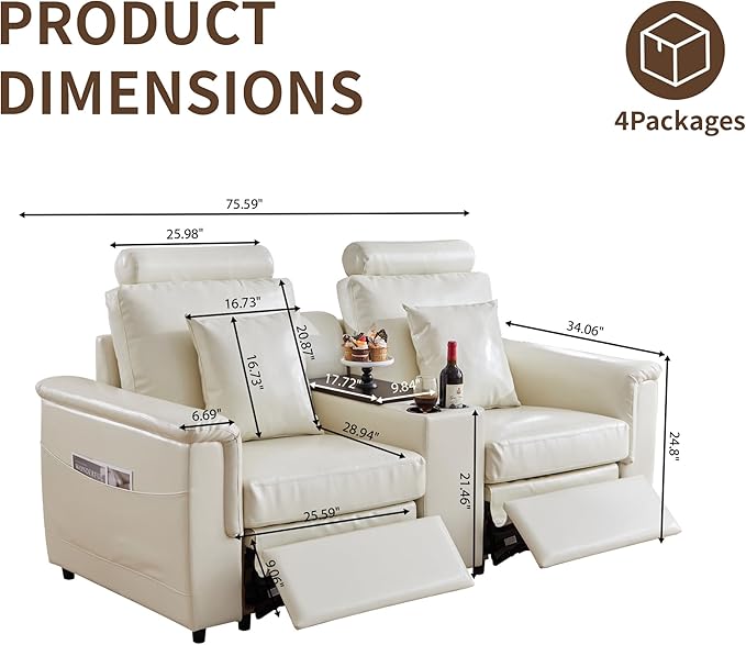 LEVNARY 2-Seater Modular Reclining Sofa with Center Console, Upholstered Faux Leather Power Recliner Loveseat with Cup Holders, USB Charging, Side Pockets & 2 Pillows, Living Room Furniture (White)
