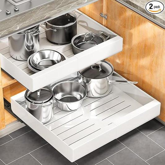 Pull out Cabinet Organizer, Expandable(12"-20") Heavy Duty Slide out Drawers Fixed with Adhesive Nano Film for Pots, Roll out Shelf Storage for Kitchen Base Cabinet, Pantry, Bathroom(2-Pack)