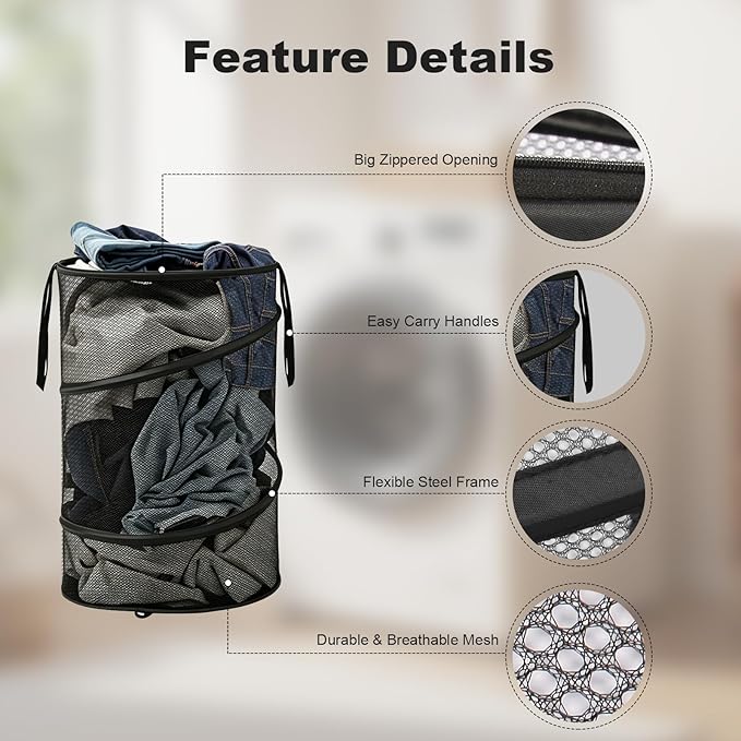 BATTOO Collapsible Laundry Basket with Lid, Large Foldable Mesh Pop Up Hamper 88L with Handles for Laundry Room, Bathroom, Kids Room, College Dorm, Travel, Storage Organizer Black